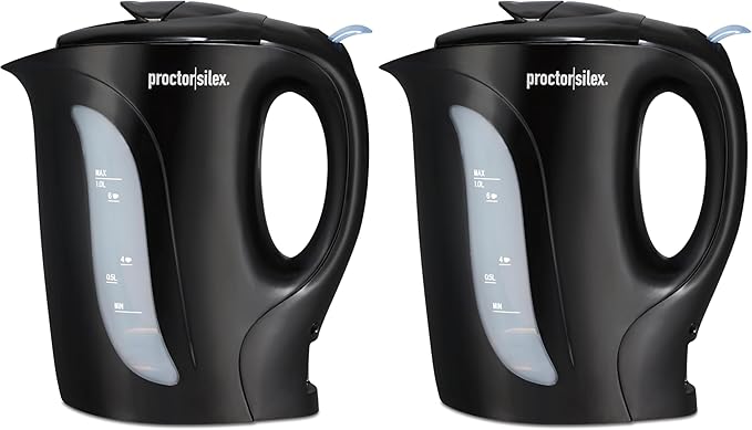 Proctor Silex Electric Tea Kettle, Water Boiler & Heater Auto-Shutoff & Boil-Dry Protection, 1000 Watts for Fast Boiling, 1 Liter, Black (K2071PS) (Pack of 2)
