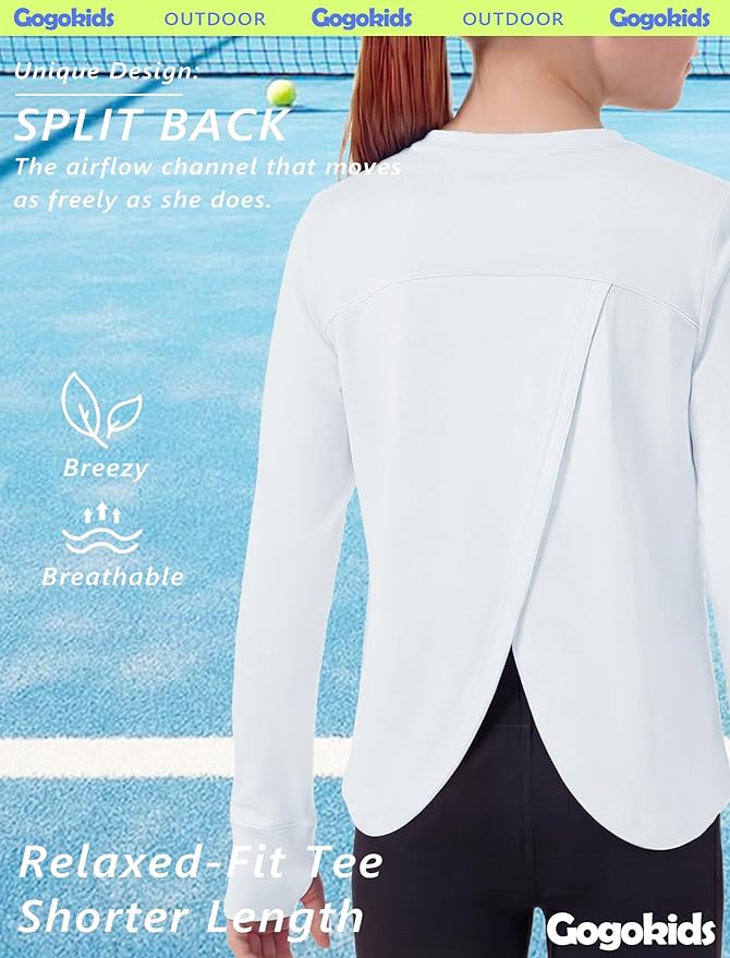 Gogokids Girls Shirts Long Sleeve Athletic Shirts Open Back Tops Active Sports Tshirts Yoga Workout Crop Tees 5-14 Years