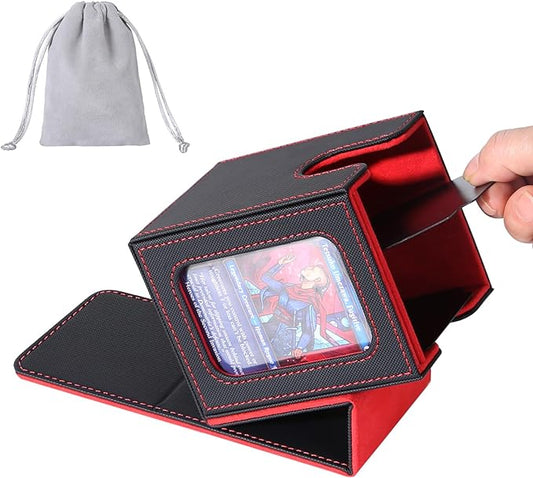 AFIING MTG Deck Box for Commander Display,Card Deck Box Fits 100 Double Sleeved Cards, Magic Commander TCG Card Storage Box with 2 Dividers,Drawstring Bag and 1 Toploader(Black/Red)