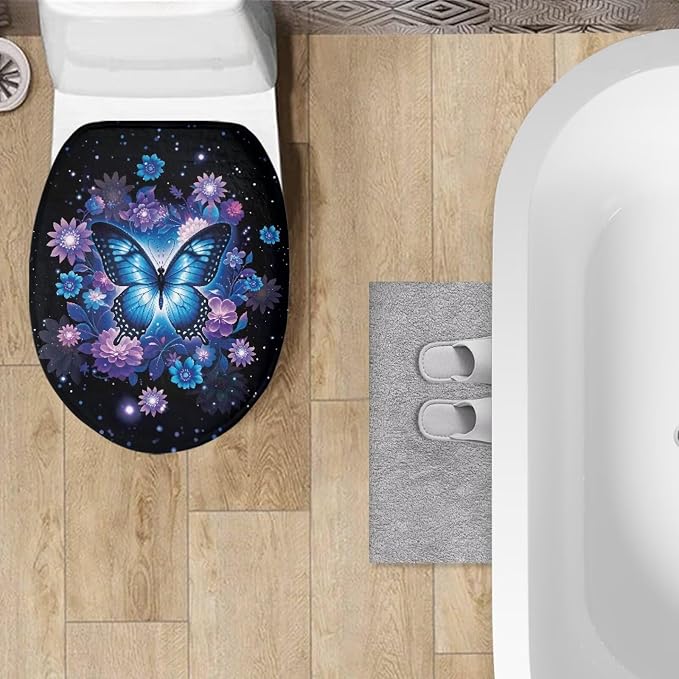Blue Butterfly Toilet Seat Covers for Bathroom Butterflies Toilet Seat Covers with Elastic Bottom Soft Bathroom Replacement Universal Fit Elongated Oval Round Lid,Easy to Clean