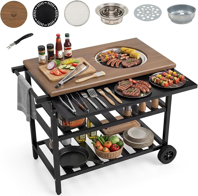 Giantex Outdoor Grill Cart with Korean BBQ Charcoal Grill, Dual Cooking Surfaces, Rolling Food Prep Table with Foldable Side Shelf, Storage Shelves, Wood-Look Top, for Patio, Party & Backyard Cooking