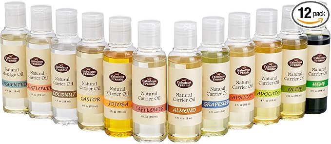 Fabulous Frannie 100% Pure Carrier Oil Variety Set Apricot Kernal, Avocado, Castor, Coconut, Grapeseed, Hemp Oil, Jojoba, Olive, Safflower, Sunflower, Sweet Almond, Unscented 4oz (Pack of 12)