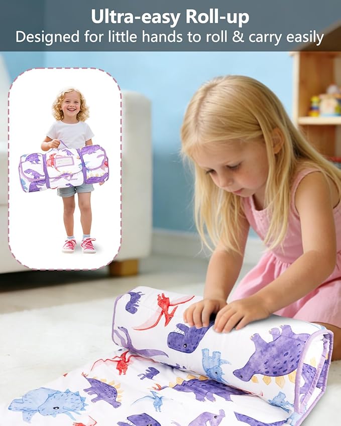 Primlect Thickened Toddler Nap Mat with Removable Pillow and Minky Blanket, Extra Large 55''x35'' Sleeping Bag, Washable, Roll up, Perfect for Daycare, Preschool, Kindergarten, Boys and Girls Dinosaur