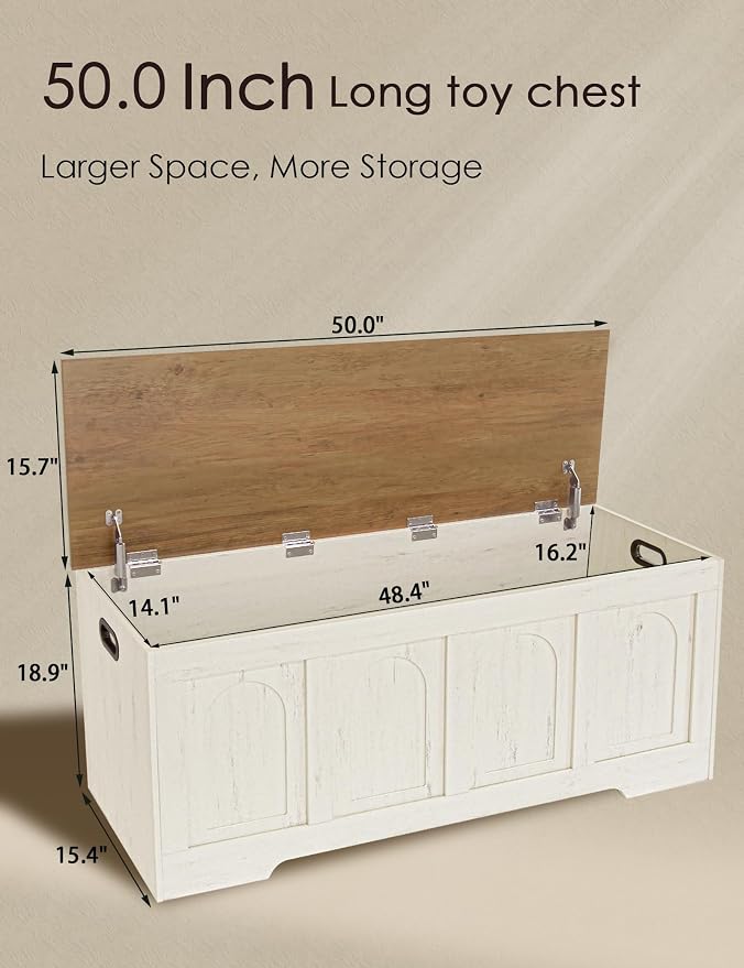 Storage Chest, Wooden Toy Box, Honey Brown & Rustic White 50.0" L | Extra Large Storage Bench, 2 Soft-close Hinges, Finger-safe Flip-Top Lid, Easy Assembly, Farmhouse Trunk, Living Room/Bedroom