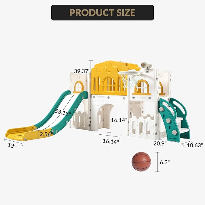8 in 1 Toddle Slide Playset, Indoor Playground for Kids 1-3， Toddle Outdoor Playset with Slide, Climber, Tunnel, Basketball Hoop, Storage Space and Telescope for for Boys Girls, Orange
