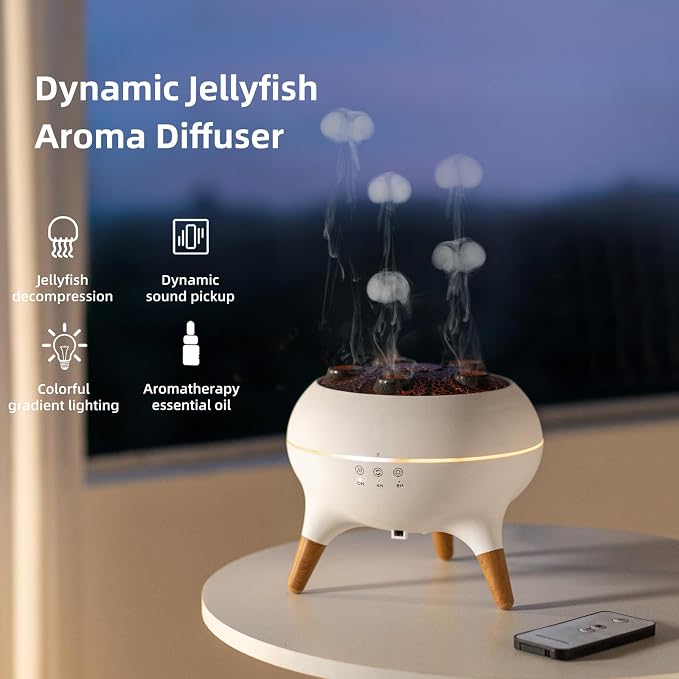 Jellyfish Essential Oil Diffuser,250ml Ultrasonic Aromatherapy Humidifier with 5-Nozzle Mist Ring,Sound Pickup Music Sync,7-Color LED Night Light,Remote Control, Quiet Desktop Decor for Home Office
