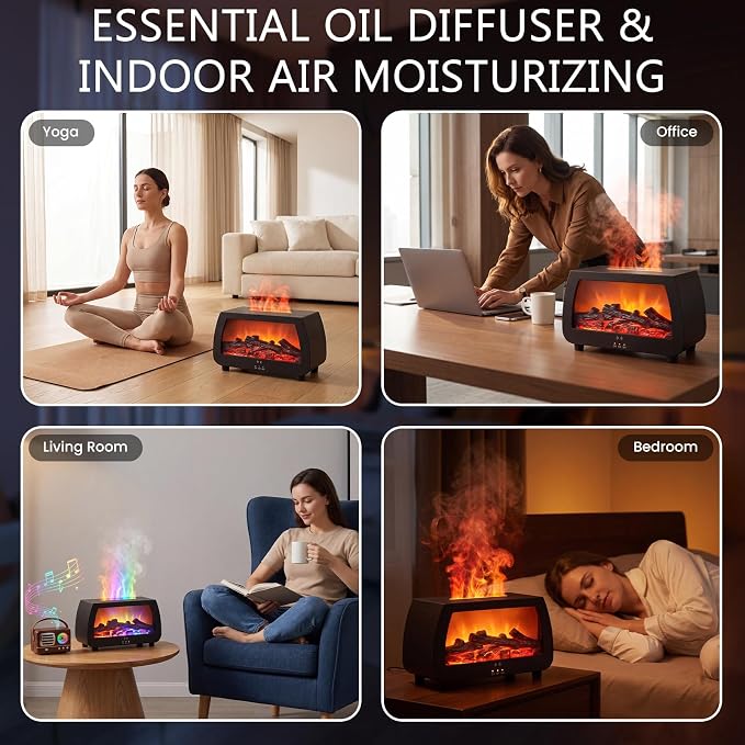 Flame Effect Humidifier, Fireplace Diffuser with Remote & Timer | 200ml quiet humidifier with RGB flame lights & sound pickup. Creates cozy fireplace ambiance for home, bedroom, and office.