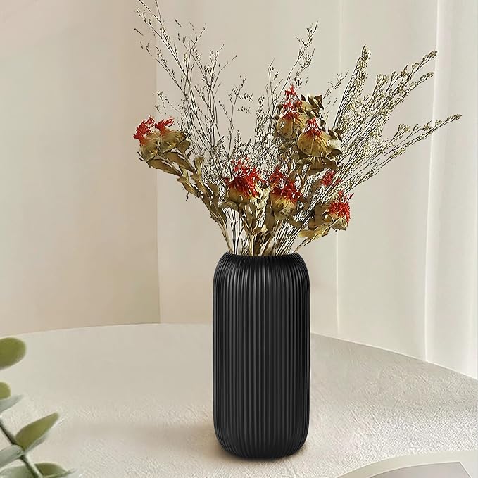 Ceramic Vase for Flowers – Modern Small Ribbed Textured Flower Vase for Home Decor, Pampas Grass, Decorative, Farmhouse, Coffee Table, Kitchen Centerpieces, Bookshelf and Home Living(Matte Black)