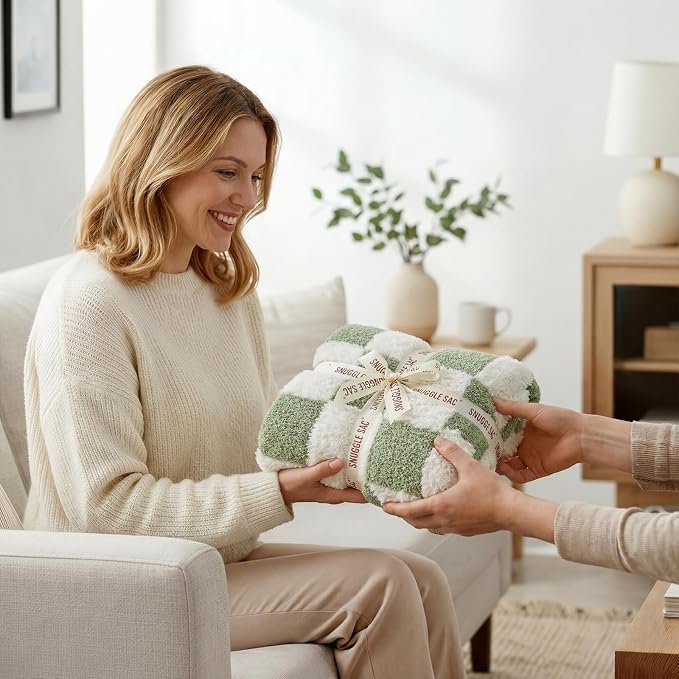 Snuggle Sac Sage Green Checkered Throw Blanket Faux Fur Knitted with Microfiber Yarn, Cozy Soft Warm Spring Blankets for Couch,Sofa,Bedroom,Sage Green Checker,50x60 inches