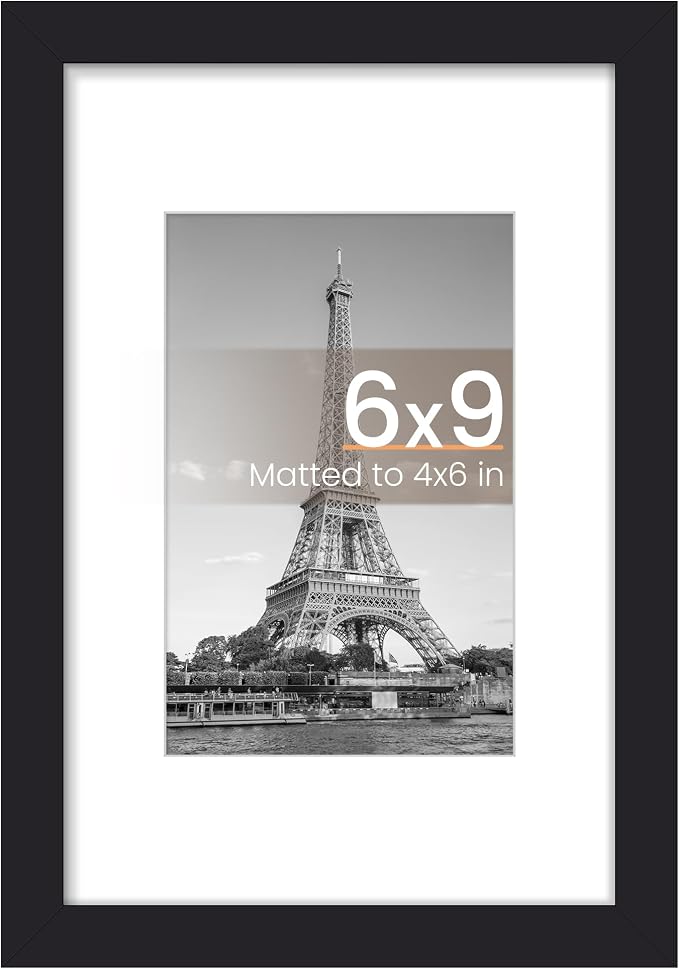 upsimples 6x9 Frame, Display Pictures 4x6 with Mat or 6 x 9 Without, Wall Hanging Photo Frames, Black, 1 Pack