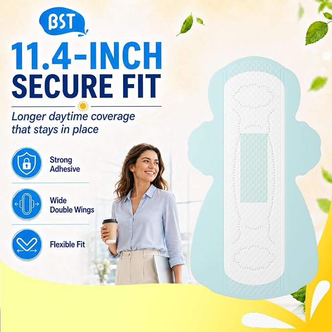 BST Mint Fresh Pads for Women, Breathable Thin Sanitary Napkins with Wings, Odor Control & All-Day Freshness, Heavy Absorbency, Feminine Care, Active Lifestyle Use（Large, 12 Count,Packaging May Vary）