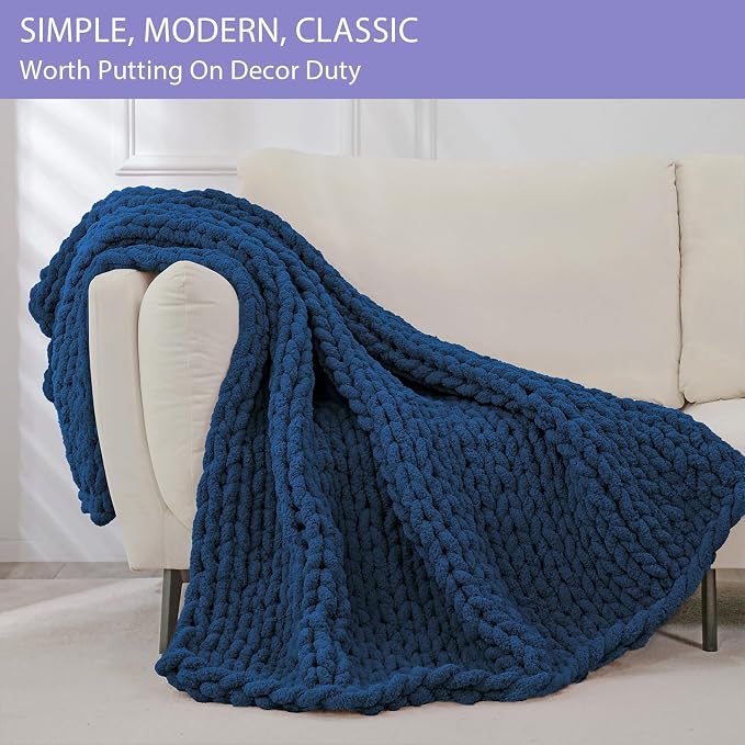 Bigacogo Chunky Knit Throw Blanket for Couch, 60x80 inches, Navy Blue | Hand Knit with Jumbo Chenille, Soft Breathable Cable Knit for Sofa Bed Living Room, Machine Washable, Gift for Mom Friend