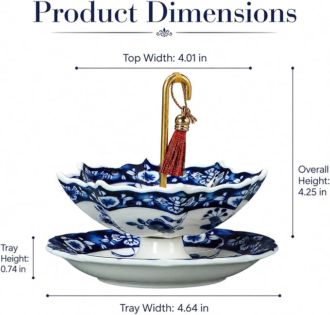 Umbrella Shape Ceramic Tea Strainer with 360° Rotating Drip Tray, Blue and White Porcelain Loose Leaf Tea Filter for 2.5-4 Inch Cups, Mugs and Teapots, Dishwasher Safe Reusable Tea Bag Alternative