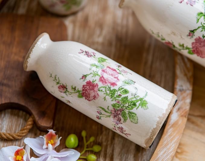 Vintage Rose-Floral Small Ceramic Vase Set, Retro Rustic Farmhouse Cute Flora Vase Gift, Art Décor for Your Home, Kitchen, Bedroom, Office, Living Room, Bathroom & Shelf Centerpiece Table Decorations