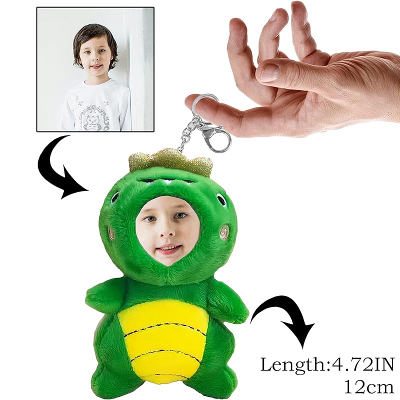 Personalized Dinosaur Stuffed Animal Key Chain – Customizable Dinosaurs Plush Toy, Gift with Your Face Photo,5 inches