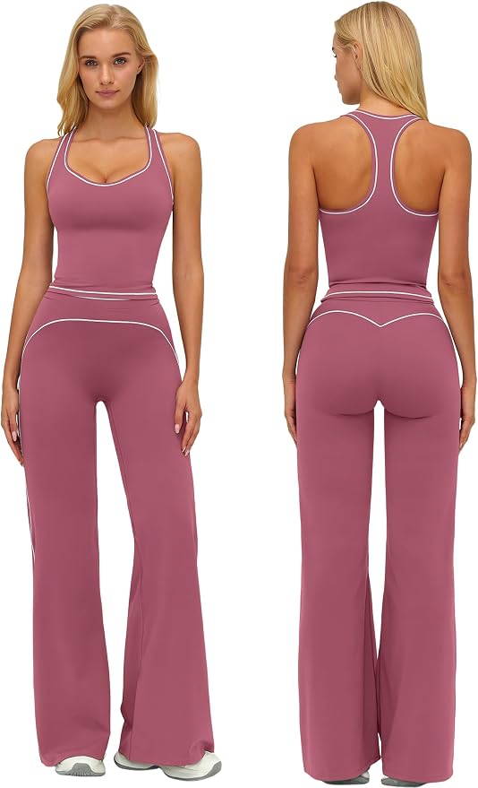 ABOCIW Two Piece Workout Sets for Women Racerback Tank Top Matching High Waist Wide Leg Yoga Pants Pilates Outfits