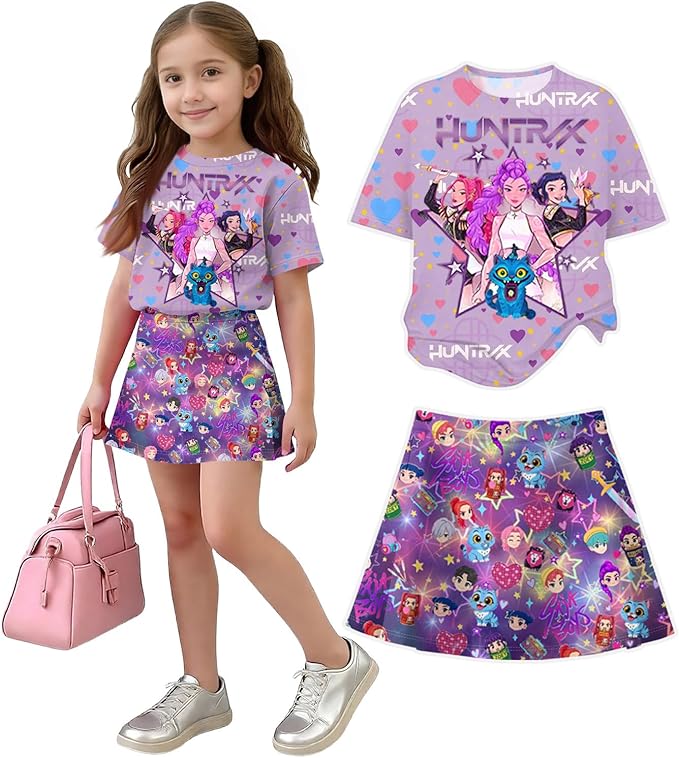 HTHLVMD K Pop Short Sleeve T-Shirt and Skirts Outfits Set for Girls Hunters Rumi Mira Zoey Graphic Tees De-Mon Costume