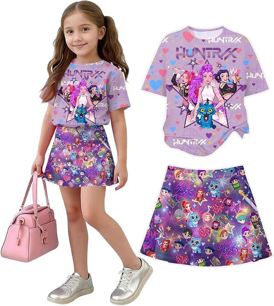 HTHLVMD K Pop Short Sleeve T-Shirt and Skirts Outfits Set for Girls Hunters Rumi Mira Zoey Graphic Tees De-Mon Costume