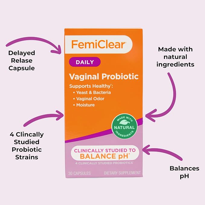 FemiClear Vaginal Probiotics, Delayed-Release Supplement, 30-Day Supply | Daily Women's Probiotic Supplements, Supports Vaginal pH Balance, Healthy Yeast & Moisture, Natural & Organic Ingredients