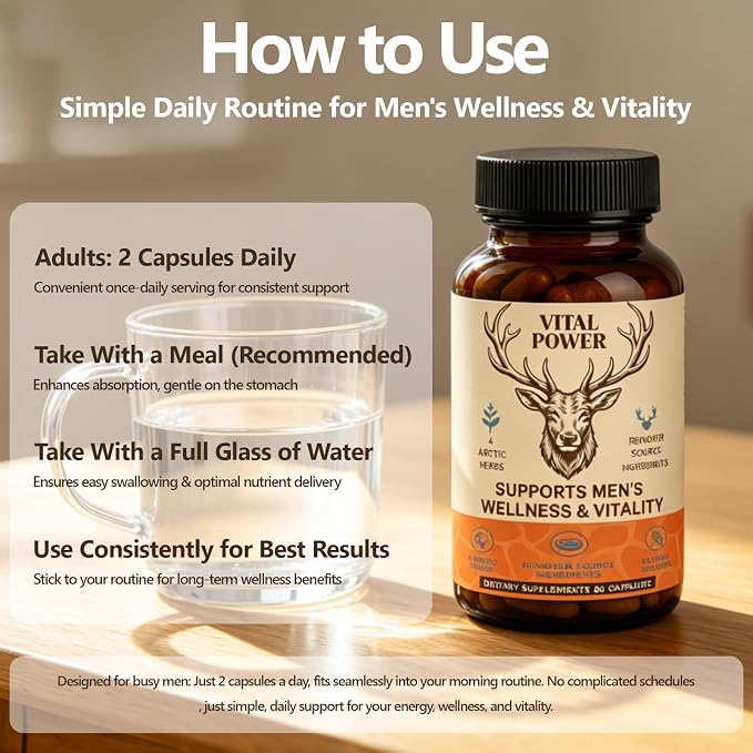 Men’s Vitality Supplement – Arctic Herbal & Reindeer Nutrient Blend – Energy Support – 60 Capsules
