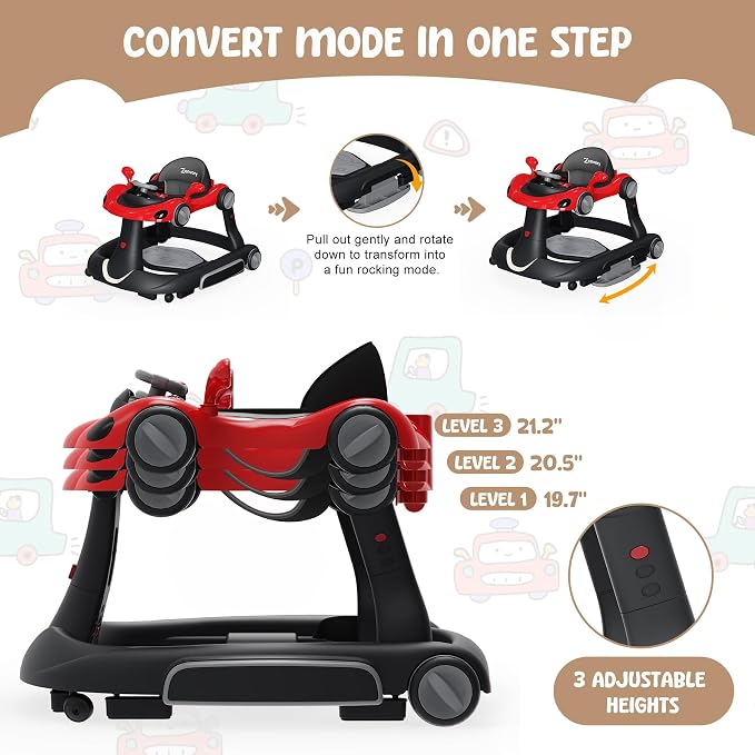 6 in 1 Foldable Baby Walker, Activity Baby Walker-Baby Bouncer, Rocker, Activity Center,Push Walker,Detachable Trampoline Mat, Adjustable Speed Rear Wheels and Height,Music & Lights,Ages 6-18 Months