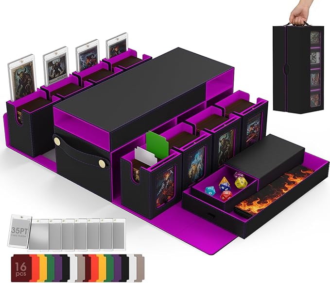 Cortile Commander Deck Box for MTG, 10 IN 1 Card Deck Box with 8-Deck Modular Card Case and 2 Dice Trays Holds 1040+ Double-sleeved Cards, Removable MTG Deck Box with Handle for TCG/EDH, Black Purple