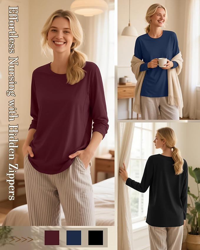 3 Pack Nursing Tops for Breastfeeding Maternity Shirts Zipper Long Sleeve Round Neck Knit Casual Nursing Clothes