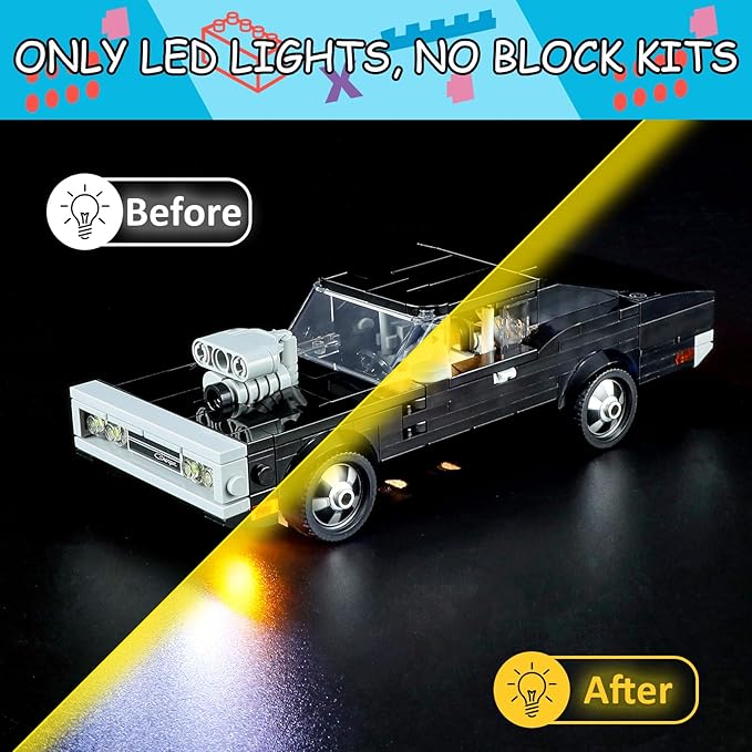 LED Light Kit for Lego 76912 Speed Champions Fast & Furious 1970 Dodge Charger R/T Set, Compatible with Lego 76912 Building Blocks Model(Not Include Blocks Set)