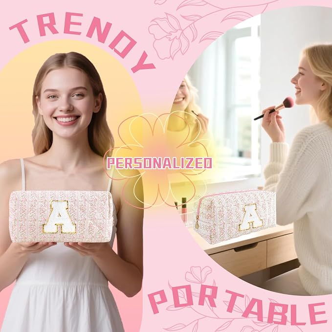 Personalized Quilted Cosmetic Bag, Puffy Monogrammed Christmas Birthday Gifts for Women & Girls, Cute initial Floral Makeup Bag Puffer Coquette Bag, Aesthetic Travel Toiletry Zipper Pouch(Pink,A)