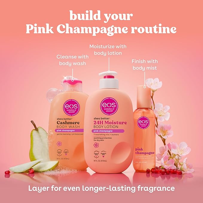 eos Cashmere Body Wash – Pink Champagne, Moisturizing Body Wash, Creamy Gel Formula, with Shea Butter, Glycerin, Vitamin E, pH Balanced, Sensitive Skin, Vegan, 16 fl oz