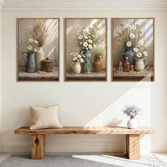 ANHUIB Vintage Wildflower Botanical Canvas Wall Art Framed Rustic Farmhouse Floral Pictures Wall Decor Country Daisy Painting 16x24 Inch Flower Set of 3 for Living Room Bedroom Office