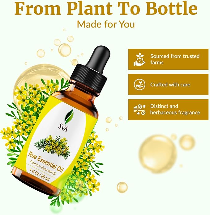 SVA Rue Essential Oil 1 Fl Oz – for Diffuser, Skin & Hair Care – Ideal for Massage & DIY Blends - with Dropper