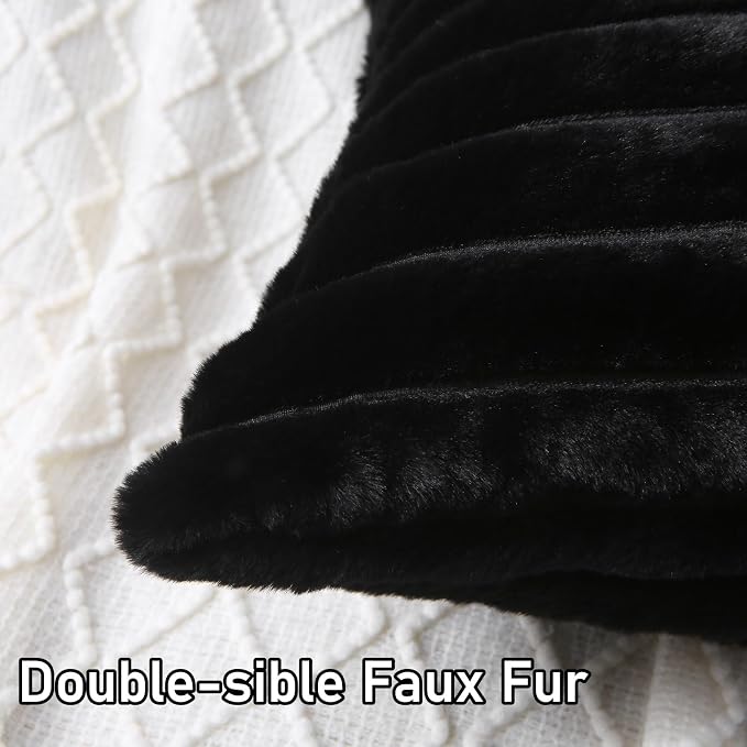 Decorative Throw Pillow with Inserts, Set of 2 Soft Faux Fur Throw Pillows, Square Boho Striped Pillow for Couch, Bed, Sofa Decor (Black, 20" x 20"(Pack of 2))