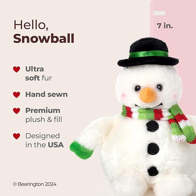 Bearington Snowball The Plush Snowman, Stuffed Snowman, 7 Inch Christmas Plushies, Ideal Christmas Stuffed Animals Gift for Toddlers, Kids & Teens, for Ages 3-14