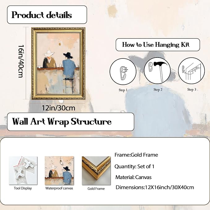 Gold Framed Western Cowboy Wall Art, Vintage Cowboy Bar Wall Decor Painting Mid Century Southwestern Canvas Prints Picture for Farmhouse Living Room Bedroom 12x16 inch