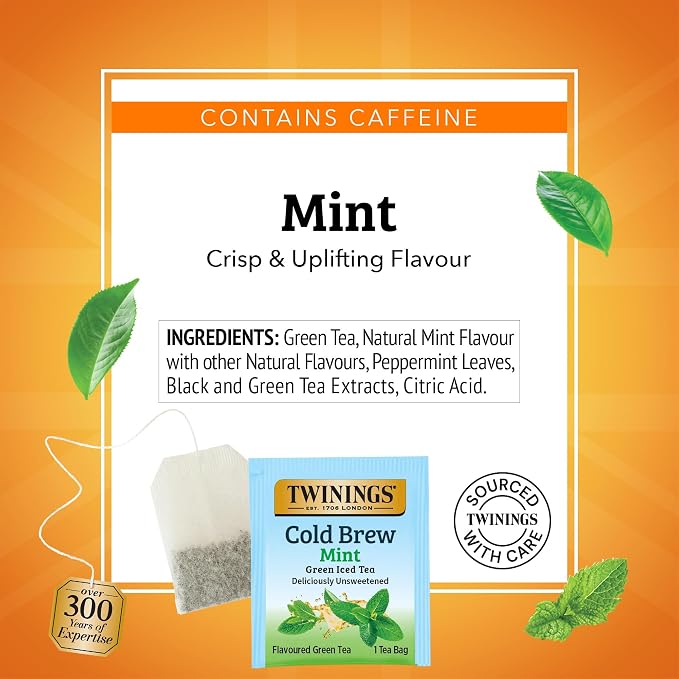 Twinings Cold Brewed Iced Tea - Mint Flavored Green Tea with Peppermint Leaves, Caffeinated Green and Black Tea Extracts, Unsweetened Cold Brew Tea Bags Individually Wrapped, 20 Count