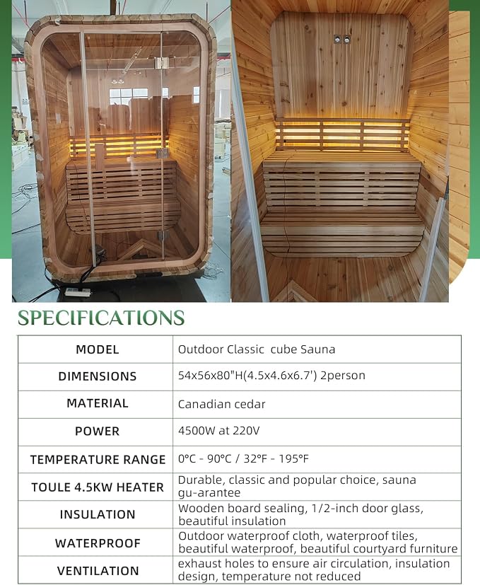 Outdoor Cube Sauna Rooms,2person Canadian Cedar Steam Saunas,54x56x80 H Panoramic Large Space,4.5KW Electric Stove Durable,Easy to Install