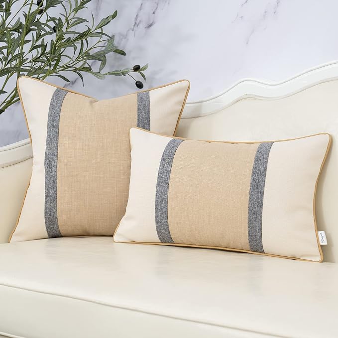 Patchwork Pillow Cover 18x18 Inch Luxury Cotton and Linen Cushion Cover Square Pillowcover for Couch Bedroom Living Room, Khaki