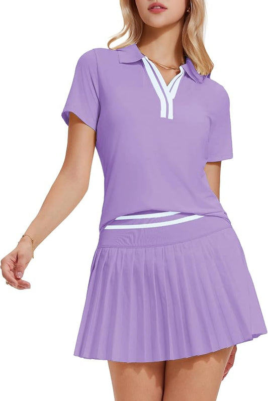Tennis Skirt Set for Women Color Block V Neck Golf Pickleball Outfits Pleated Athletic Two Piece Skirts Sets