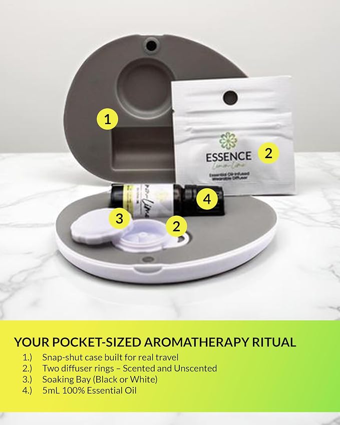 Essence Pearl Travel Case | Lemon-Lime Essential Oil | Aromatherapy Nasal Diffuser & Essential Oil Carrying Case | Uplifting Citrus Blend | Travel-Friendly Kit | White Pod