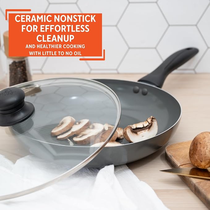 IMUSA 9.5 Inch Chef Cera Aluminum Ceramic Fry Pan with Glass Lid, Gray | Ceramic Nonstick Coating, Glass Lid with Cool-Touch Handle, For Sautéing, Stir-Frying, Everyday Cooking