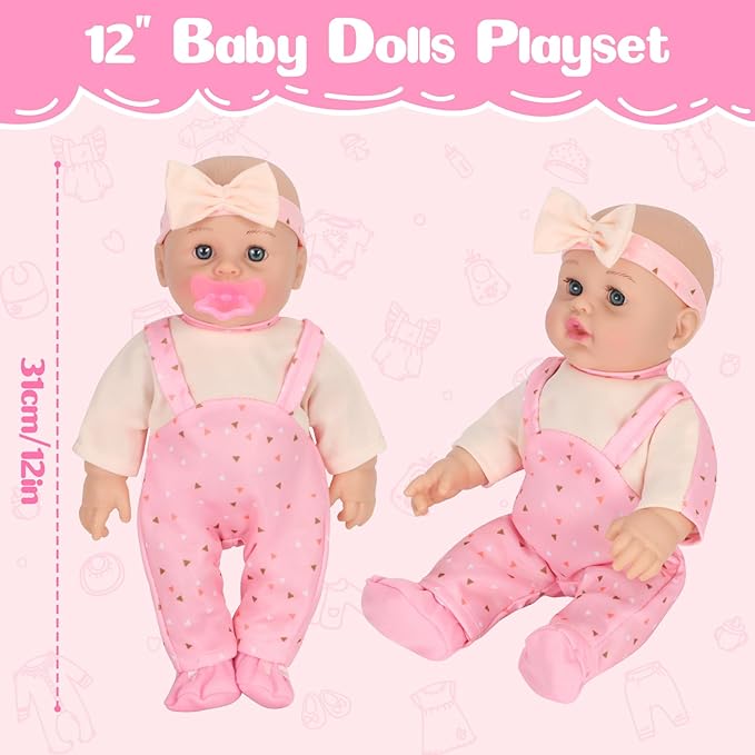 12'' Baby Doll Playset with 4 Outfits Backpack, 12 Inch Realistic Baby Dolls with Clothes Backpack and 2 Bottles Bib Quilt Nipple Socks, Pretend Play Baby Doll Gift for Toddlers Girls Age 3+