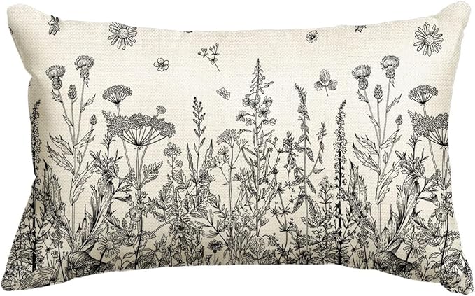 AVOIN colorlife Wildflowers Spring Grey Throw Pillow Cover 12x20 Inch | Antique Herbs Flower Cushion Case Decoration for Sofa Couch