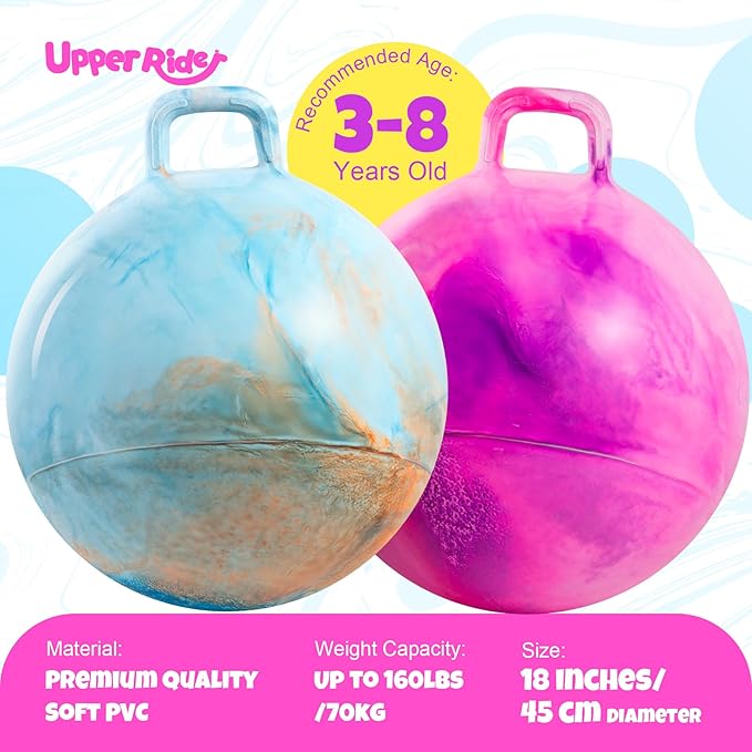 Upper Rider 2 Pack Clouds Hopper Ball for Kids, 18 Inch Bouncy Balls with Handle, Inflatable Hopping Toys for Boys and Girls Ages 3-8, Blue & Purple Pink Balls with Pump and Gift Boxes