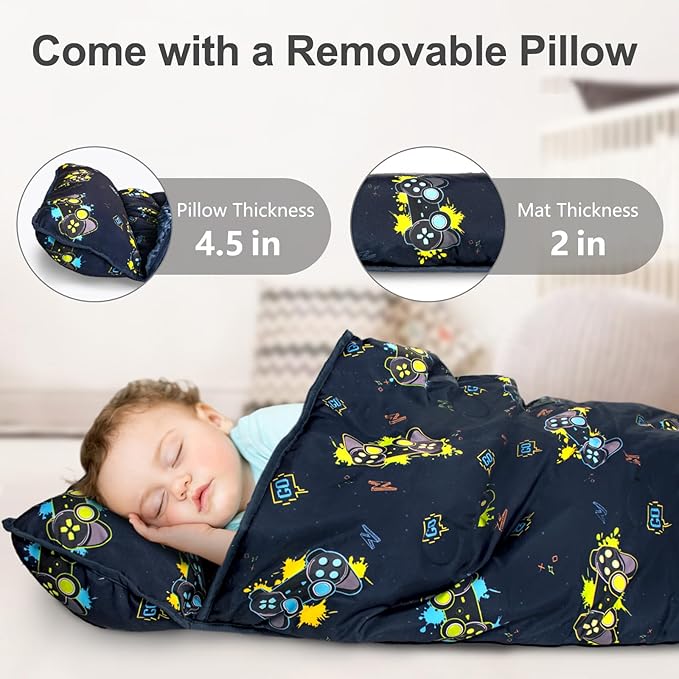 Primlect Thickened Toddler Nap Mat with Removable Pillow and Minky Blanket, Extra Large 55''x35'' Sleeping Bag, Washable, Roll up, Perfect for Daycare, Preschool, Kindergarten, Boys and Girls