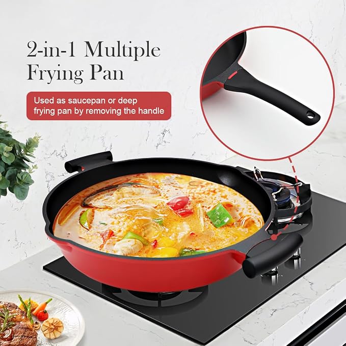 AIKENBBKK Frying Pan Skillet Nonstick with Lid, 14 Inch Large Deep Saute Pan, Big Induction Pan Non Stick, 2-1 Cooking Cookware with Helper Handle, Family Size, Suitable for All Stoves, PFOA-Free, Red