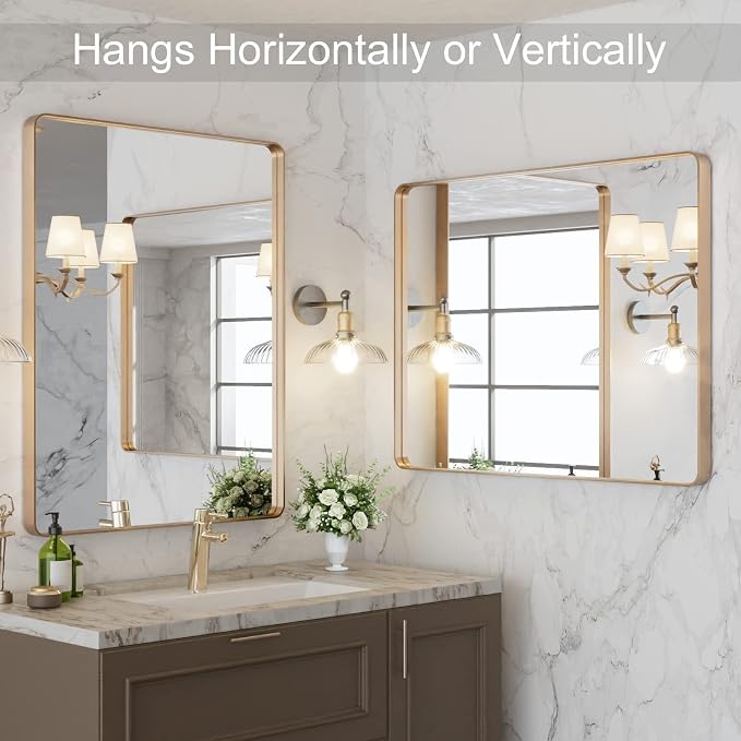 LOAAO 28"X36" Gold Bathroom Mirror | Rounded Rectangle, Brushed Gold Frame, Wall-Mounted, Anti-Rust, Hangs Horizontally or Vertically