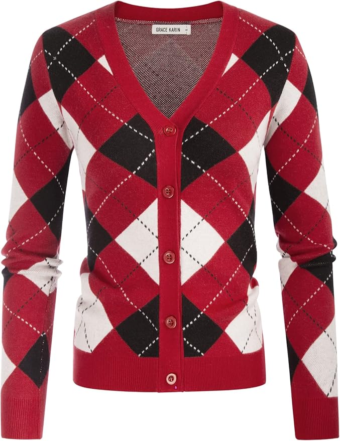 GRACE KARIN Womens Cardigan Sweater Fall Fashion Argyle Sweater Button Up Cardigan Teacher Outfits Preppy Clothes