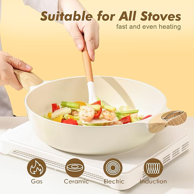 SENSARTE Ceramic Nonstick Frying Pan Skillet with Lid, 12 Inch Large Deep Frying Pan, 5 QT Saute Pan, Induction Pan, Healthy Non Toxic Cooking Pan with Helper Handle, PFOA PFAS PTFE Free