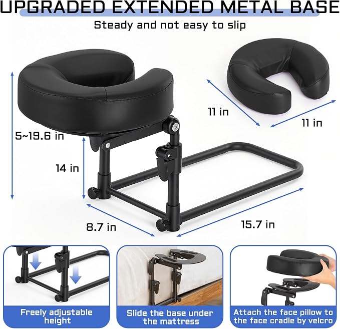 Massage headrest for Bed with Storage Bag Adjustable Mattress Top Massage Kit, Massage Face Cradle at Home for Massage SPA Foldable & Portable Face Down Pillow After Eye Surgery (Black)